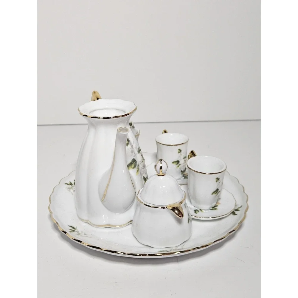 Mini Bone China Tea Set White Floral Gold Gilt Footed Cups Creamer Teapot 7pc